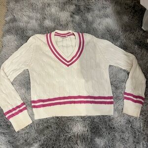 Olivaceous White and Pink V-Neck Sweater